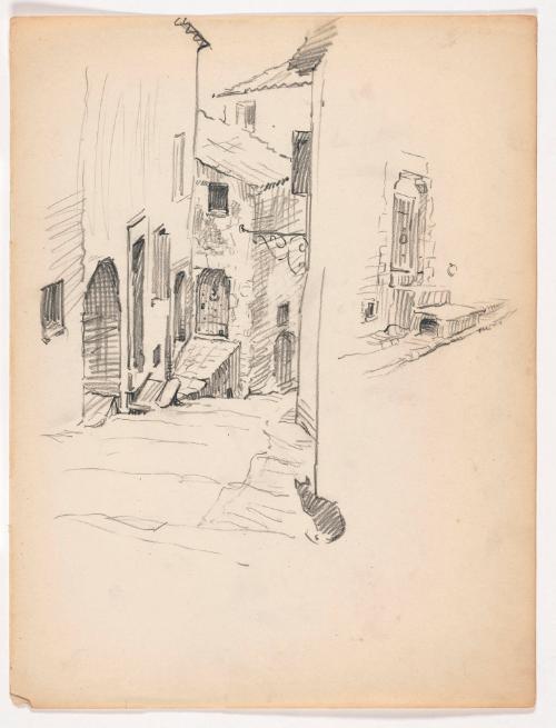 Two Studies; One of Steps to Castle Door; One with Cat Looking Down Narrow Alley