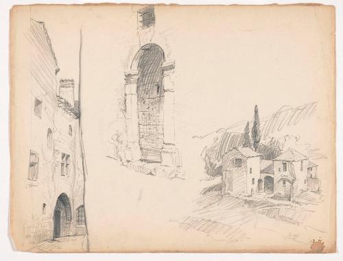 Three Studies; One with Building in Alley with Dark Doorway Looking Right; on with Large Doorway Looking Left with Grilled Window Above; One of a Country Building