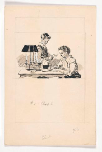 Seated Woman, Writing with Boy Standing Beside Her