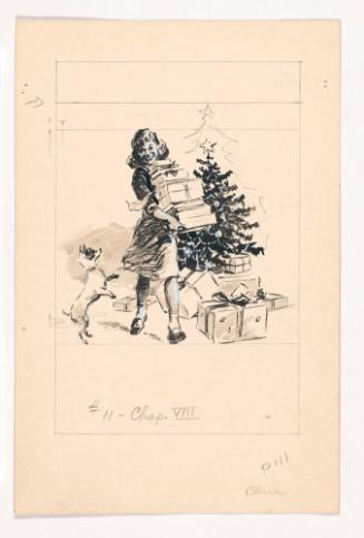 Girl Carrying Christmas Gifrs from Tree, with Dancing Dog