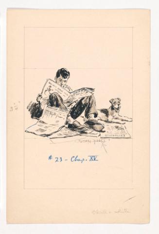 Boy Reading Newspaper with Dog