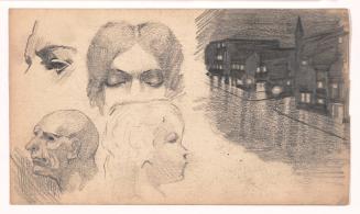 Head of Woman, Child, Bald Man, View of Street at Night