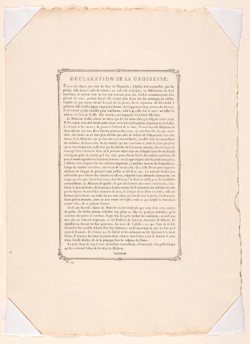 Diagnosis of Pregnancy (Déclaration de la Grossesse) [Text page] from Le monument du costume, 2nd series