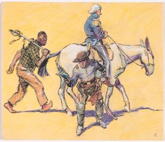 Soldier Pointing Gun with Back to Soldier on Horse and Black Man Behind Horse