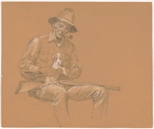 Man Seated with Gun and Puppy on Lap