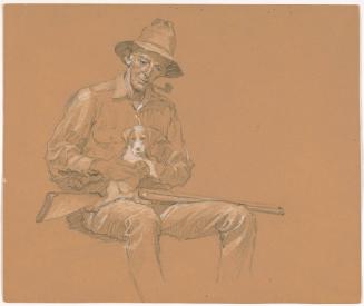 Man Seated with Gun and Puppy on Lap
