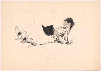 Seated Boy Reading in Front of a Television