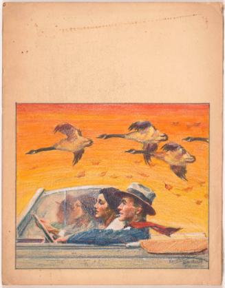 Man and Woman in Car with Geese Flying Over