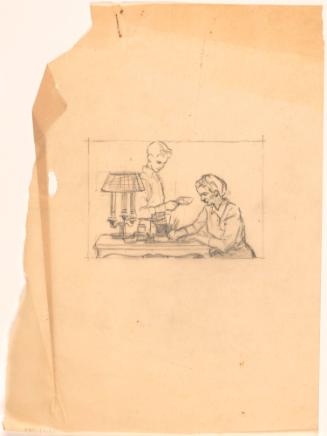 Seated Woman, Writing with Standing Boy Beside Her, Holding Envelope