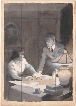 Seated Woman at Talbe with Man Leaning Over Table