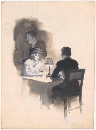 Seated Woman and Man Facing Each Other, Waiter Passing