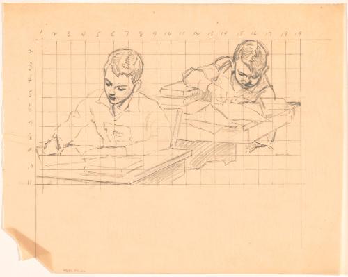 Two Boys, One Behind Other at Desks, Writing