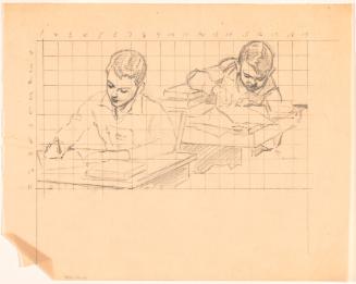 Two Boys, One Behind Other at Desks, Writing