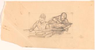 Two Boys, One Behind Other at Desks, Writing