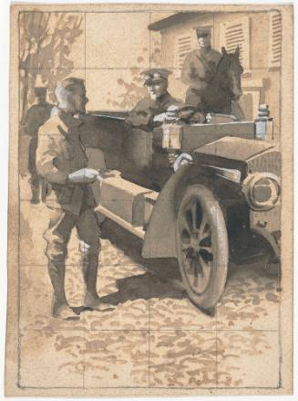 Soldier in Car in Between Standing Soldier and Mounted Soldier with Grid Drawn Over Image