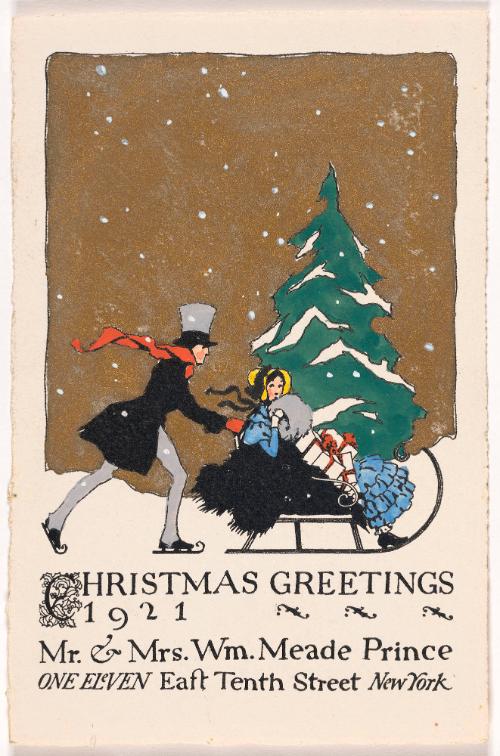 Christmas Card:  Man Pushing Woman on Sleigh