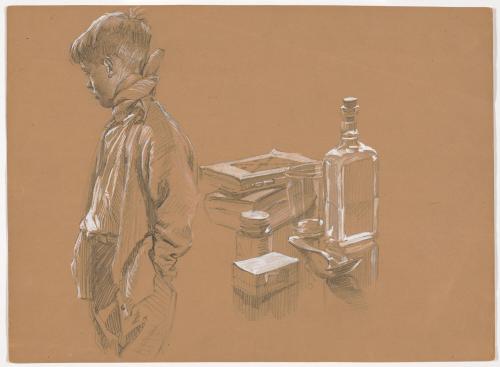 Boy Turning Away from Medicine Bottle; Sketch for Magazine Illustration