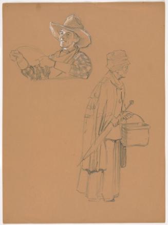 Smiling Man in Ten Gallon Hat; Old Woman Carrying Umbrella and Basket