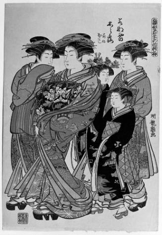 An Oiran Promenading with Two Shinzo