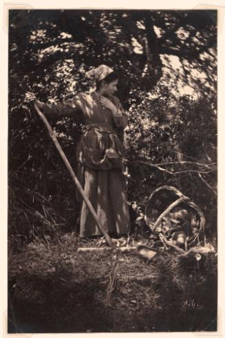 Woman with staff and basket in dappled sunlight