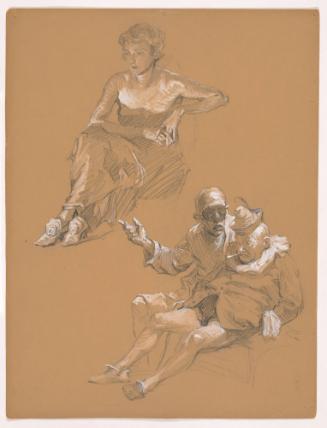 Seated Woman with Hands Clasped / Two Men in Costume