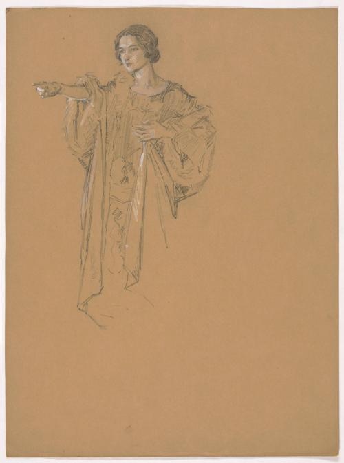 Woman Pointing with Right Hand, Holding Drapery with Left Hand