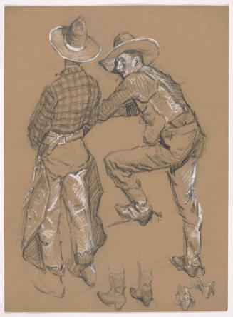 Two Men in Cowboy Outfits, One with Leg Raised, Both from Rear