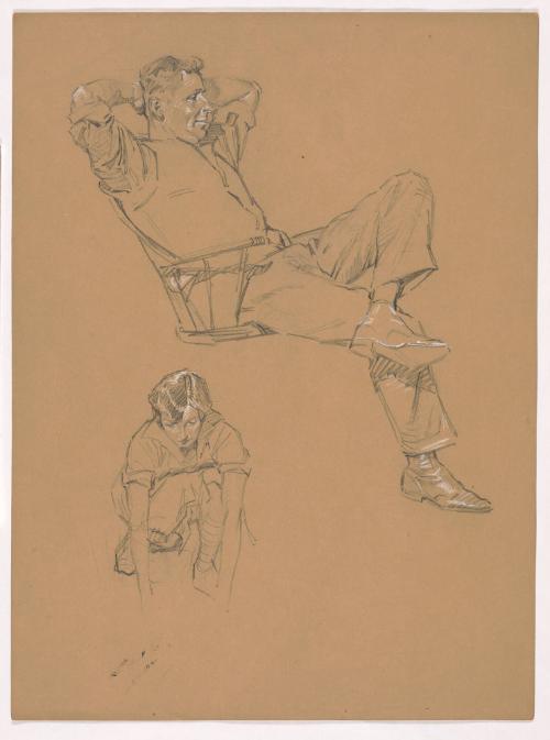 Seated Man with Hands Behind Head and Left Leg Crossed Over Right