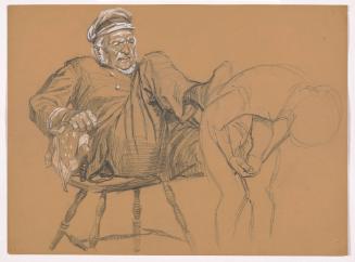 Seated Old Man with Feet Raised, Pushing Bent Over Figure