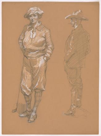 Woman, Facing Front-left, with Club in Right Hand Left Hand in Pocket; Mman Facing Left, Hands in Pockets, from Rear