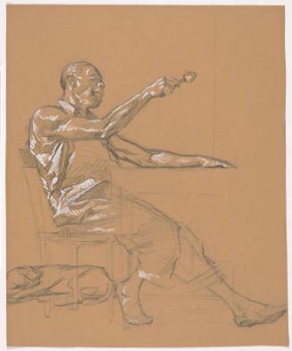 Seated Black Man, Facing Right with Rigt Arm Raised with Dog Under Man's Chair