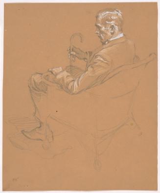 Seated Man, from Rear, Facing Left with Cane in Hand