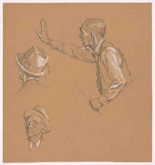 Man, Facing Left with Right Hand Extended; Studies of Heads