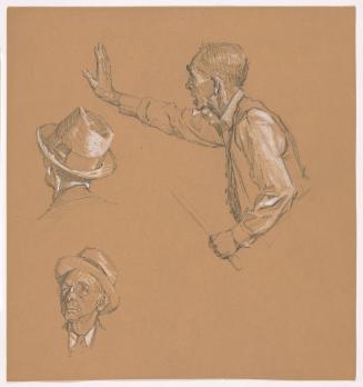 Man, Facing Left with Right Hand Extended; Studies of Heads