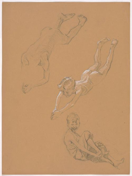 Boy Diving; Boy Facing Right, with Right Hand to Foot, Mouth Open