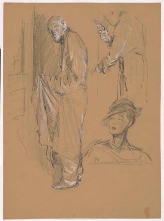 Man, Facing Left with Hand to Door; Man with Gun in Right Hand; Head of Woman, Facing Left