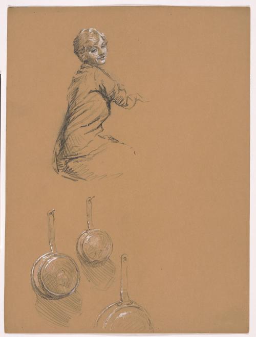Seated Woman, Facing Right with Torso and Head Twisting in Opposite Directions; Hanging Pans