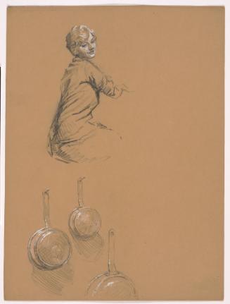 Seated Woman, Facing Right with Torso and Head Twisting in Opposite Directions; Hanging Pans