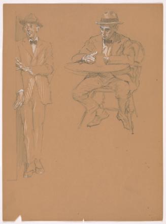 Man with Hands Against Doorway; Seated Man Holding Cup with Left Hand