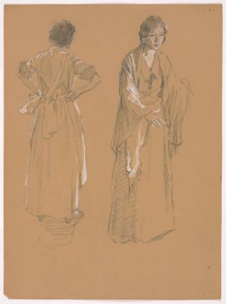 Woman in Apron, from Rear with Hands on Hips; Woman, Facing Front-left with Right Arm Extended