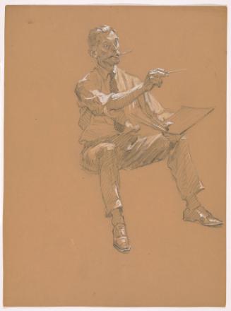 Seated Man, Facing Right with Paint Brush in Mouth, Holding Palette in Left Hand, Brush/pencil in Right Hand