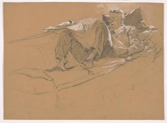 Man Reclining on Couch, Facing Left, Asleep with Newspaper Propped Up on Knees