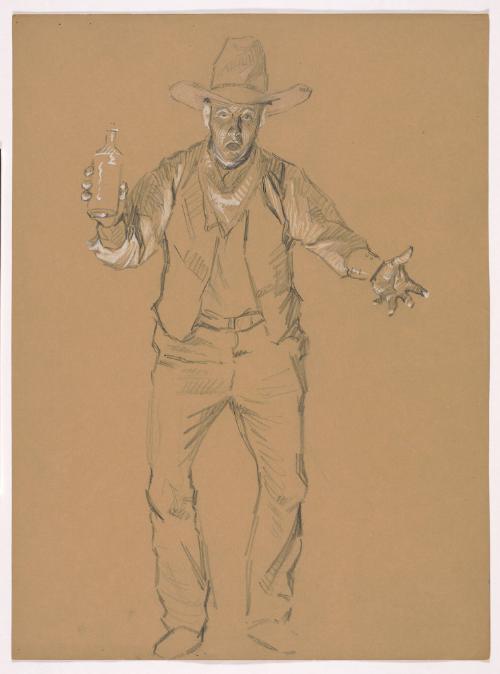 Man in Ten-gallon Hat Leaning Forward with Bottle in Right Hand