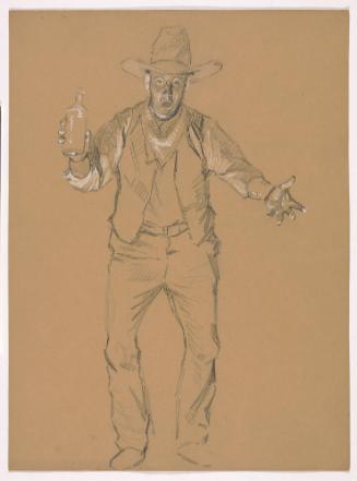 Man in Ten-gallon Hat Leaning Forward with Bottle in Right Hand