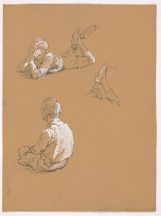 Seated Man, Facing Left, from Rear; Boy Lying on Stomach with Chin in Hands and Leg Raised