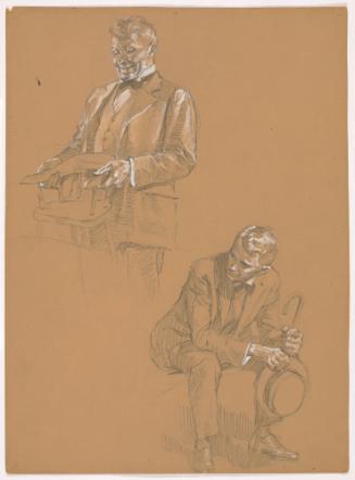 Man, Facing Left, Holding Small Chair; Seated Man with Cane and Hat Held Between Legs