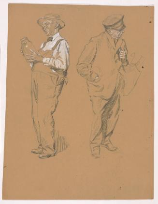Old Man in Overalls, Facing Left, Holding Bottle with Both Hands; Man with Bag and Hand in Pocket, Facing Front