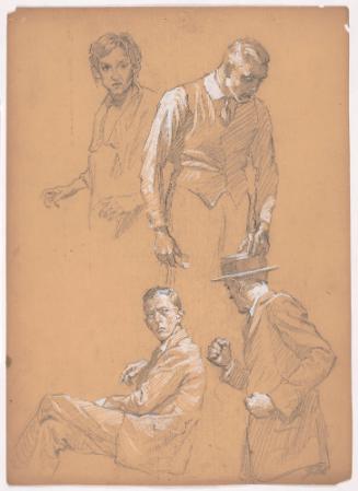 Studies of Men Slouching, Sitting, Walking; Woman Facing Left with Head Turned Right