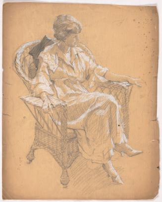 Woman Seated in Wicker Arm Chair, Facing Front Right