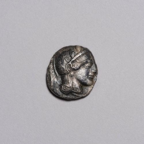 Tetradrachm: Head of Athena Wearing Ornamented Helmet Right; Owl Standing Head Facing, Olive Sprig and Crescent at Upper Left Field on Reverse